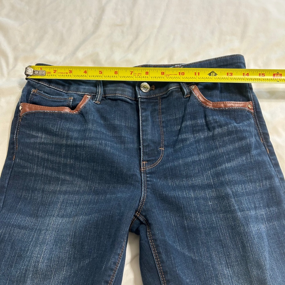 White House Black Market Skinny Ankle Jeans Dark Wash Faux Leather Trim Size 6 - Picture 4 of 14